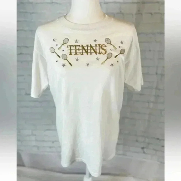 Vintage STUDZ Connection white Gold Tennis T shirt Top woman’s size L Embellish - Picture 1 of 13